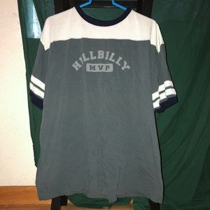 A men’s blue and white tee shirt